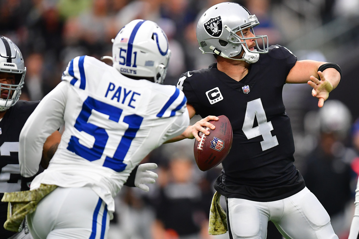 Nov 13, 2022; Paradise, Nevada, USA; Las Vegas Raiders quarterback Derek Carr (4) throws as Indianapolis Colts defensive end Kwity Paye (51) moves in during the first half at Allegiant Stadium. Mandatory Credit: Gary A. Vasquez-USA TODAY Sports