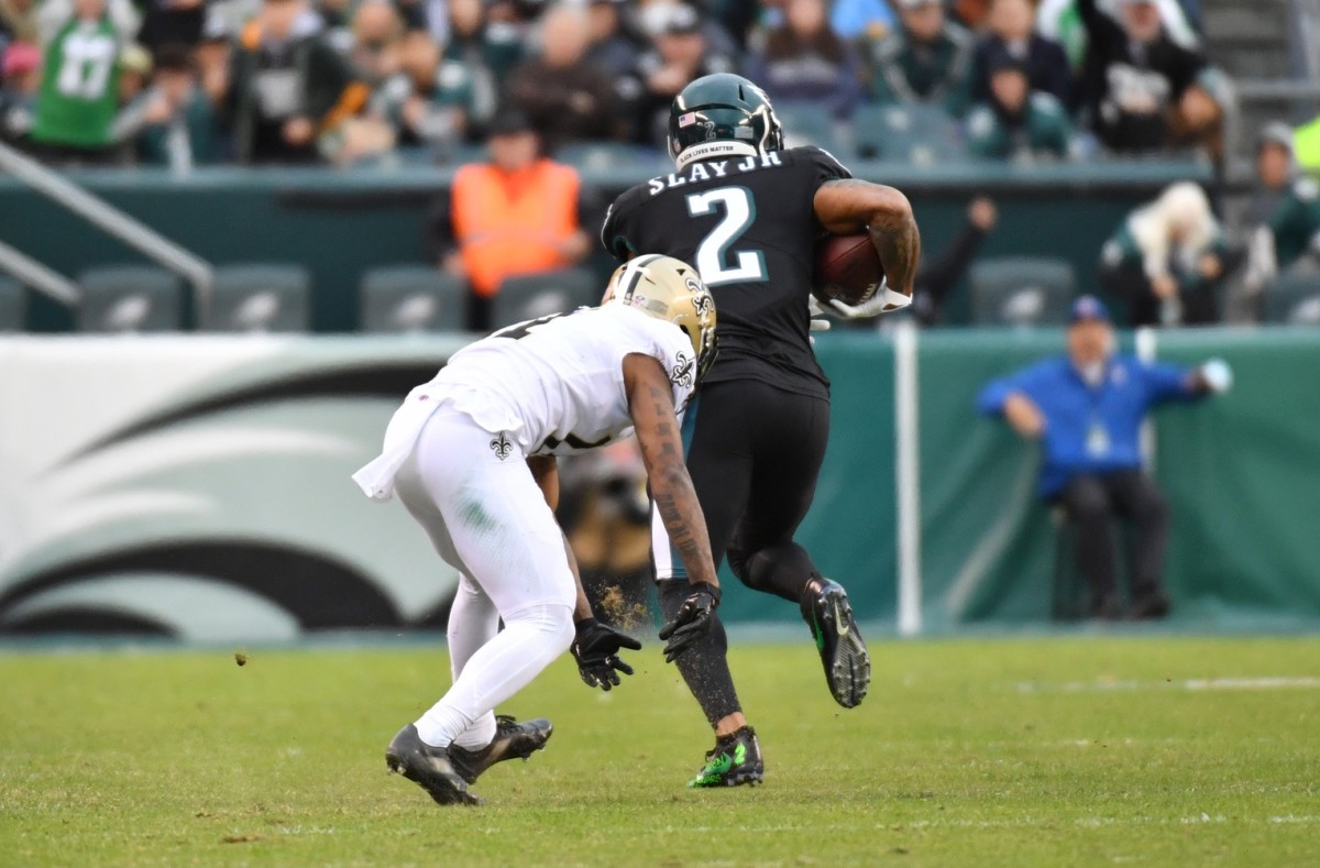 Nov 21, 2021; Philadelphia Eagles cornerback Darius Slay (2) returns an interception for a touchdown against the New Orleans Saints. Mandatory Credit: Eric Hartline-USA TODAY Sports