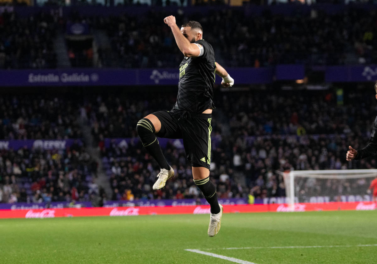 Karim Benzema pictured celebrating after scoring his second goal in Real Madrid's 2-0 win at Real Valladolid in December 2022
