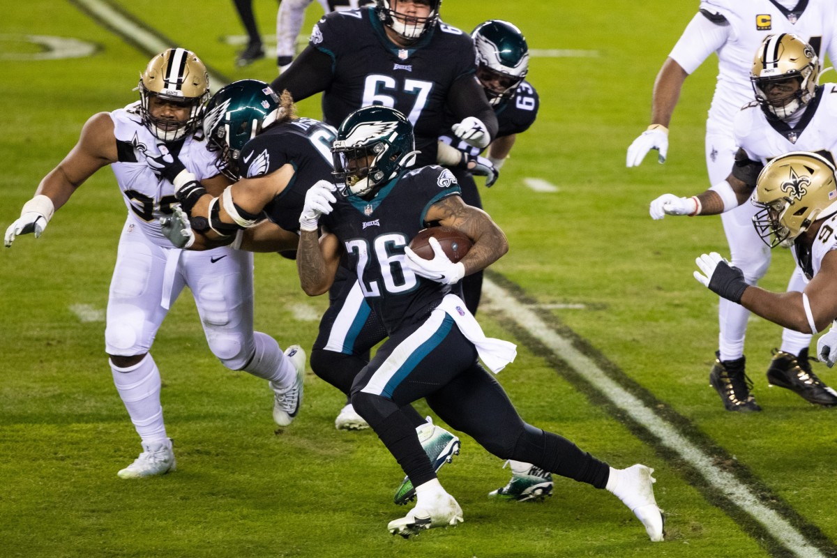 Dec 13, 2020; Philadelphia Eagles running back Miles Sanders (26) runs for a touchdown against the New Orleans Saints. Mandatory Credit: Bill Streicher-USA TODAY Sports