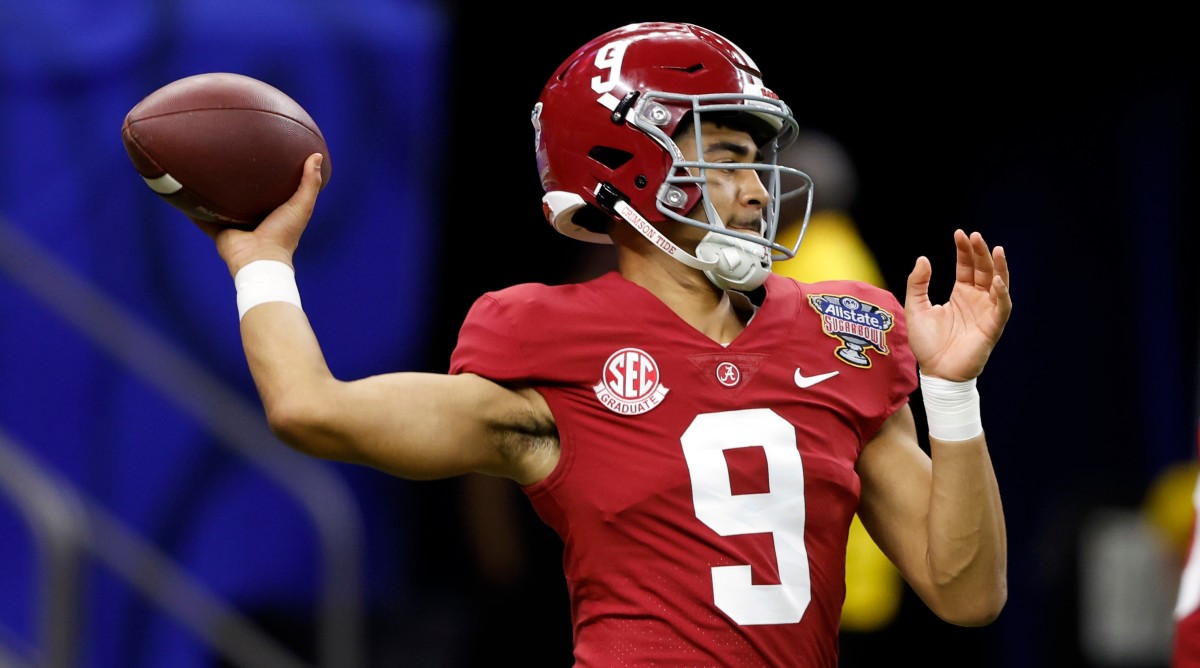 Alabama quarterback Bryce Young warms up before the start of the Sugar Bowl.