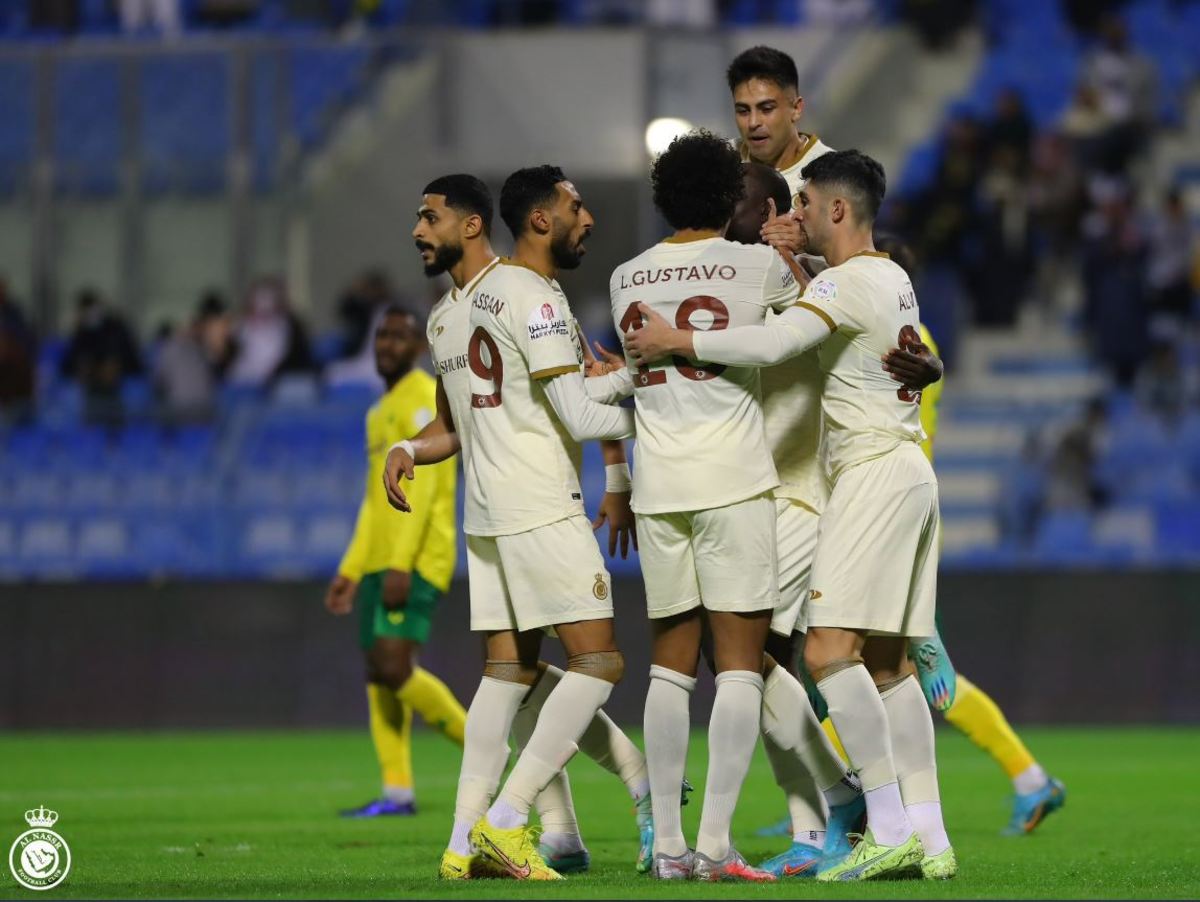 Al Nassr's players pictured celebrating during their 1-0 win at Al-Khaleej on New Year's Eve in 2022