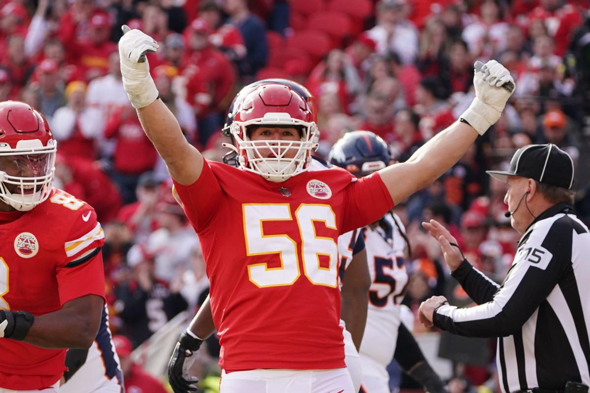 Jan 1, 2023; Kansas City, Missouri, USA; Kansas City Chiefs defensive end George Karlaftis (56) celebrates after a sack against the Denver Broncos during the first half at GEHA Field at Arrowhead Stadium. Mandatory Credit: Denny Medley-USA TODAY Sports