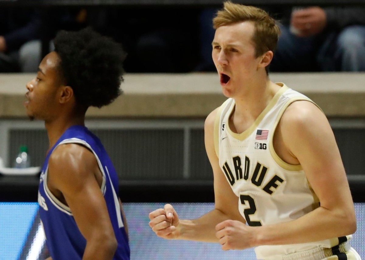 Purdue guard Fletcher Loyer (2) reacts after making a shot during Wednesday against New Orleans. (Alex Martin/USA TODAY Sports)