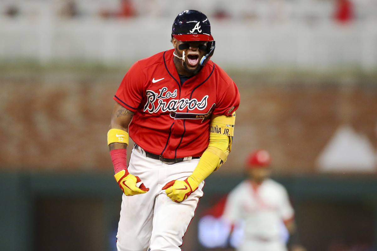 Braves right fielder Ronald Acuña Jr. celebrates after hitting a two run home run against the Phillies in the eighth inning at Truist Park.