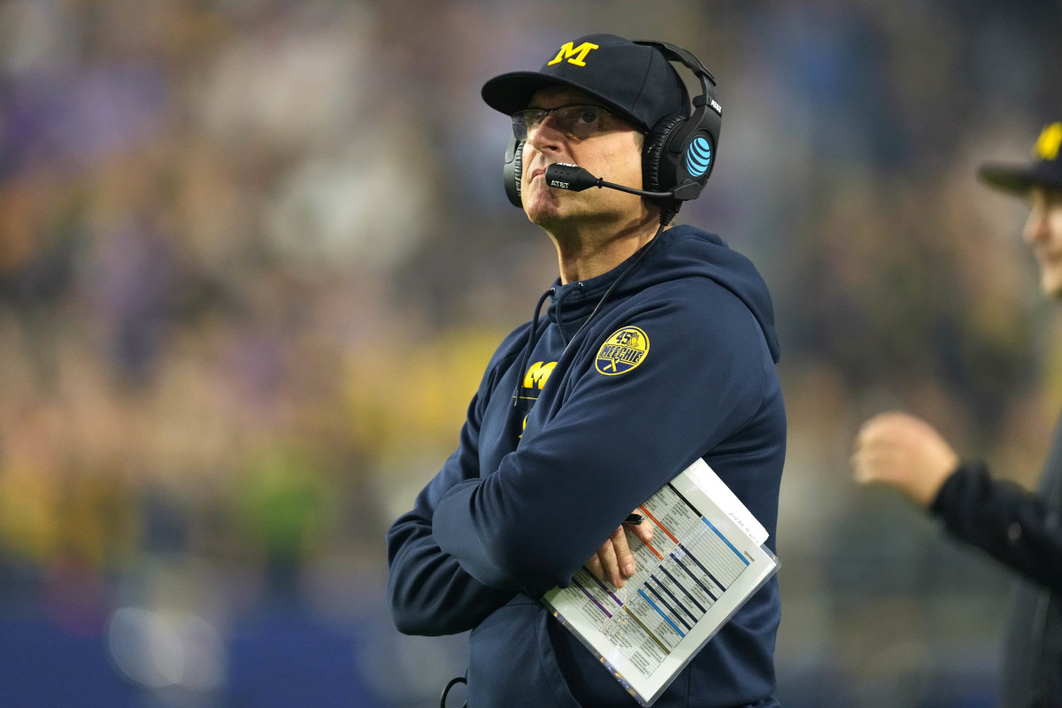 Dec 31, 2022; Glendale, Arizona, USA; Michigan Wolverines head coach Jim Harbaugh on the sidelines against the TCU Horned Frogs in the second half of the 2022 Fiesta Bowl at State Farm Stadium. Mandatory Credit: Kirby Lee-USA TODAY Sports
