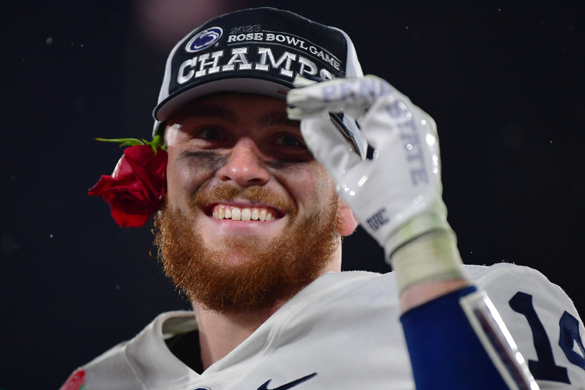 Penn State quarterback Sean Clifford celebrates the Nittany Lions' victory over Utah in the 2023 Rose Bowl.