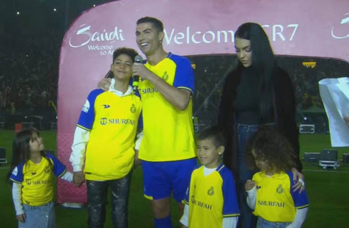 Cristiano Ronaldo and his family pictured during the soccer star's official unveiling as an Al Nassr player in January 2023