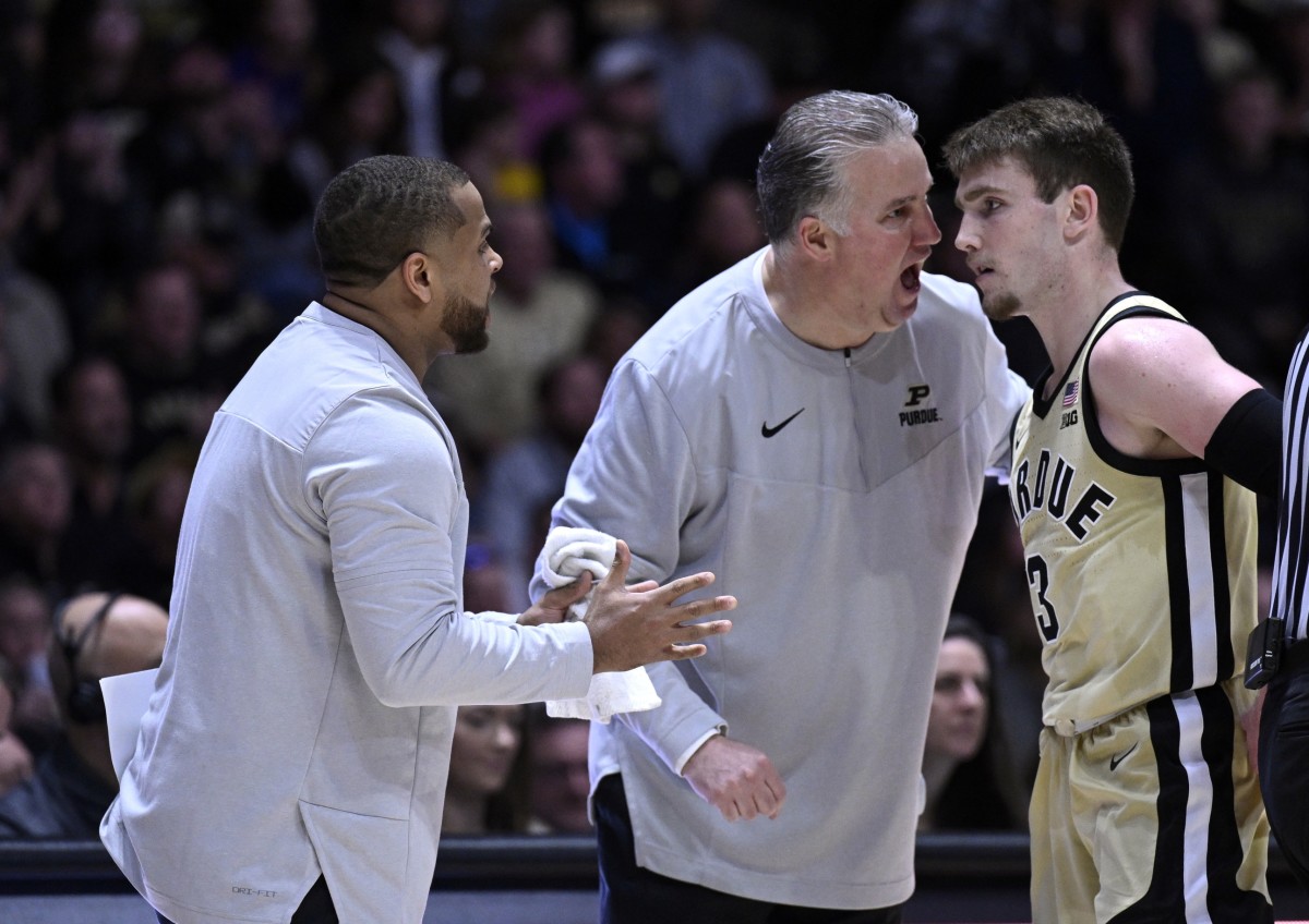 Jan 2, 2023; West Lafayette, Indiana, USA; Purdue Boilermakers head coach Matt Painter shares a moment with Purdue Boilermakers guard Braden Smith (3) during the second half against the Rutgers Scarlet Knights at Mackey Arena.