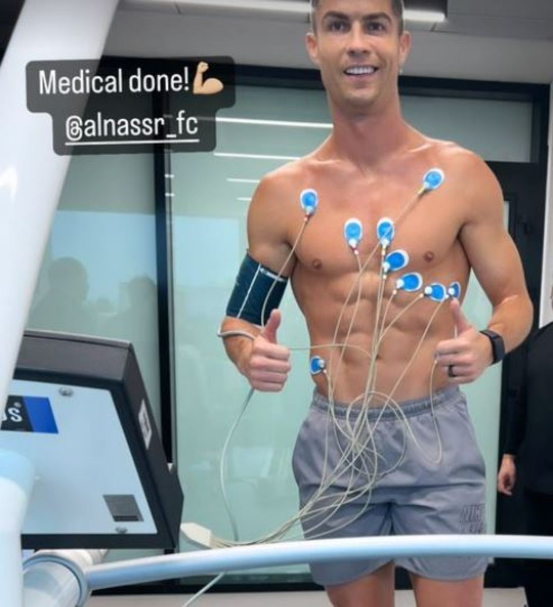 Al Nassr forward Cristiano Ronaldo pictured posing with his thumbs up after passing a medical examination in Saudi Arabia in January 2023