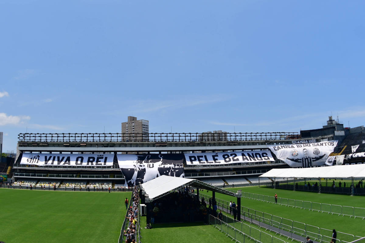 A photo taken at Santos FC's Estadio Urbano Caldeira during the funeral ceremony of Brazil legend Pele in January 2023