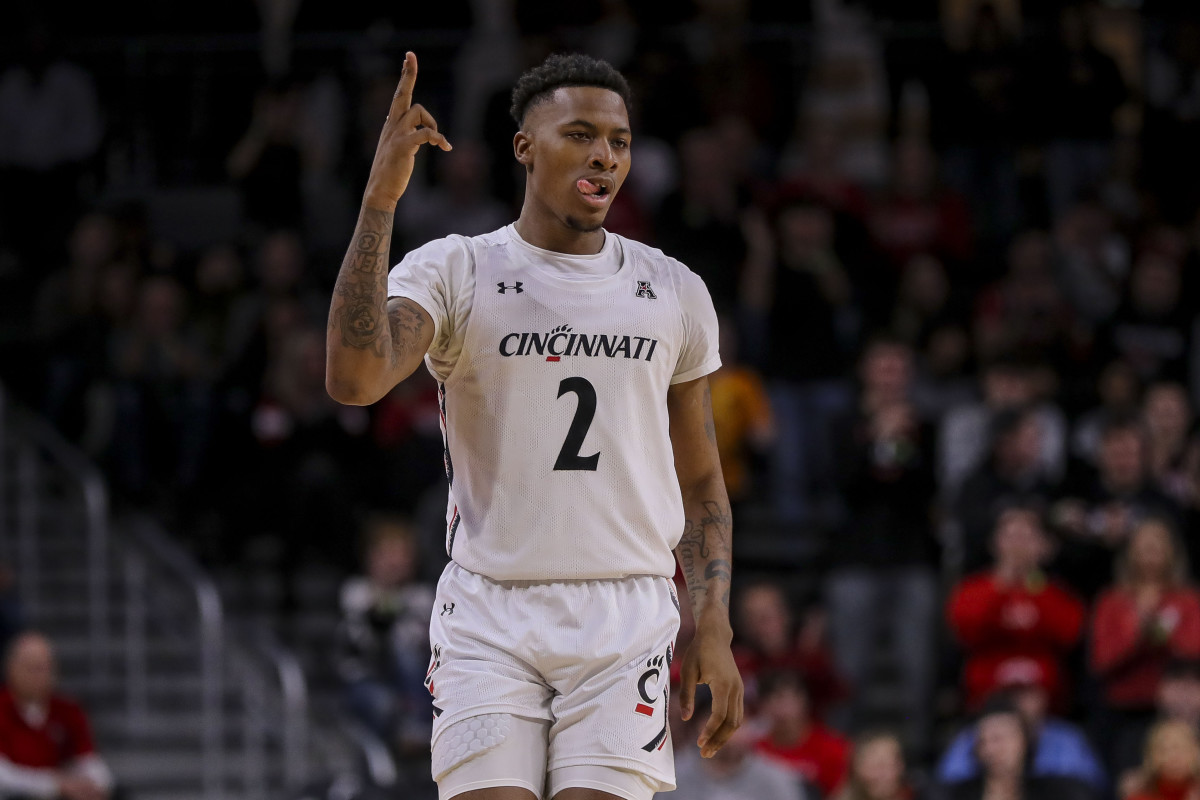Dec 29, 2022; Cincinnati, Ohio, USA; Cincinnati Bearcats guard Landers Nolley II (2) reacts after a play against the Tulane Green Wave in the first half at Fifth Third Arena. Mandatory Credit: Katie Stratman-USA TODAY Sports