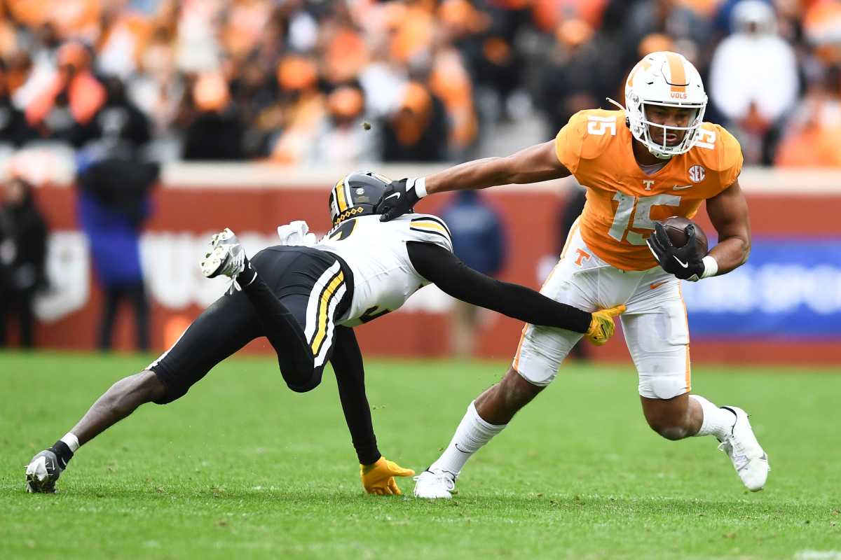 Tennessee WR Bru McCoy making a man miss during a game against Missouri in Knoxville, Tennessee, on November 12, 2022. (Photo by Saul Young of The Knoxville News-Sentinel)