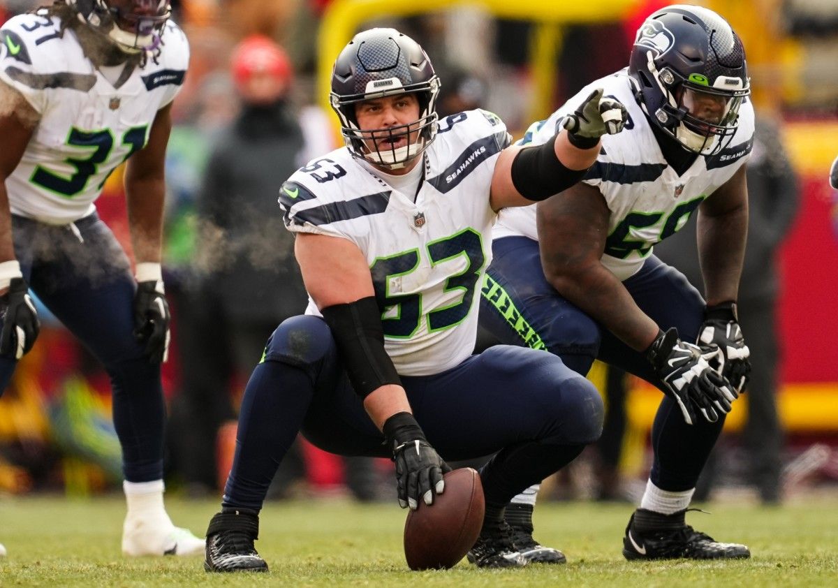 Seattle Seahawks center Austin Blythe (63) during the second half against the Kansas City Chiefs at GEHA Field at Arrowhead Stadium.