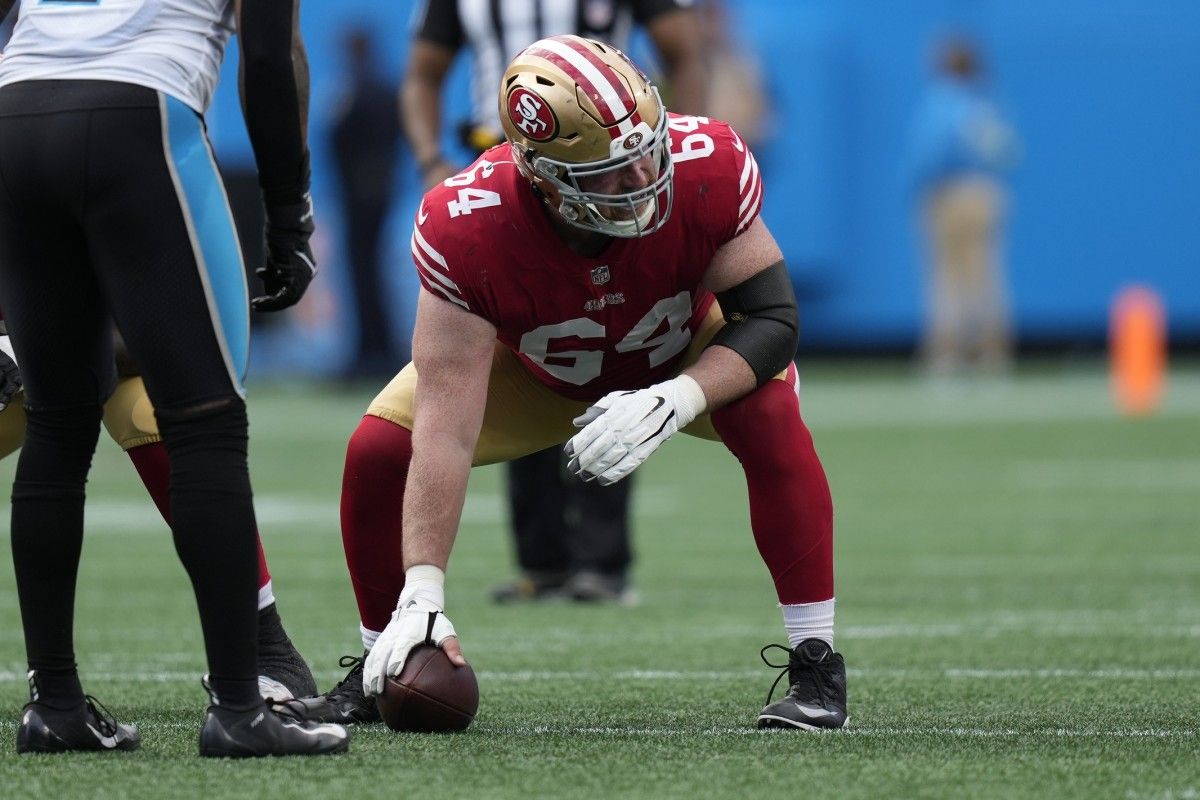 San Francisco 49ers center Jake Brendel (64) during the second quarter against the Carolina Panthers at Bank of America Stadium.
