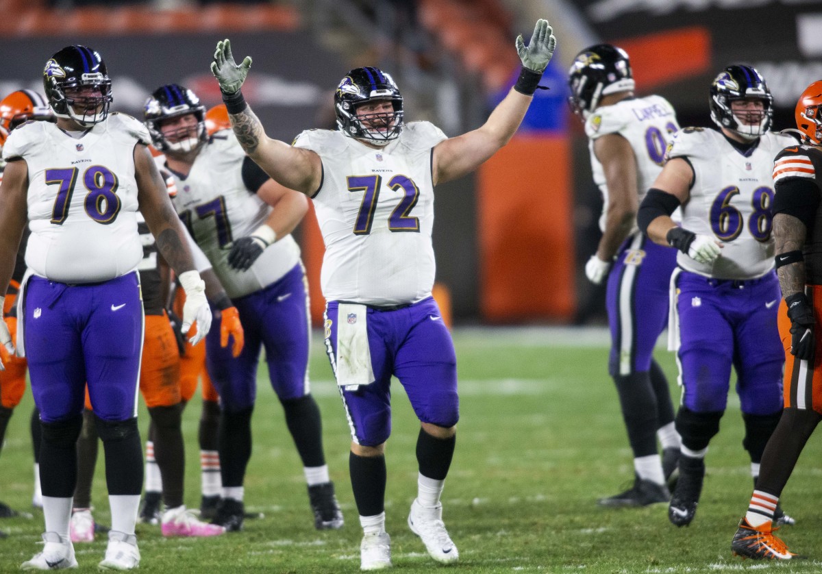 Dec 14, 2020; Cleveland, Ohio, USA; Baltimore Ravens offensive guard Ben Powers (72) celebrates a game-winning field goal with two seconds left on the clock against the Cleveland Browns at FirstEnergy Stadium.