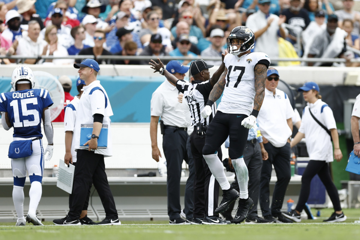 Sep 18, 2022; Jacksonville, Florida, USA; Jacksonville Jaguars tight end Evan Engram (17) reacts against the Indianapolis Colts during the second quarter at TIAA Bank Field.