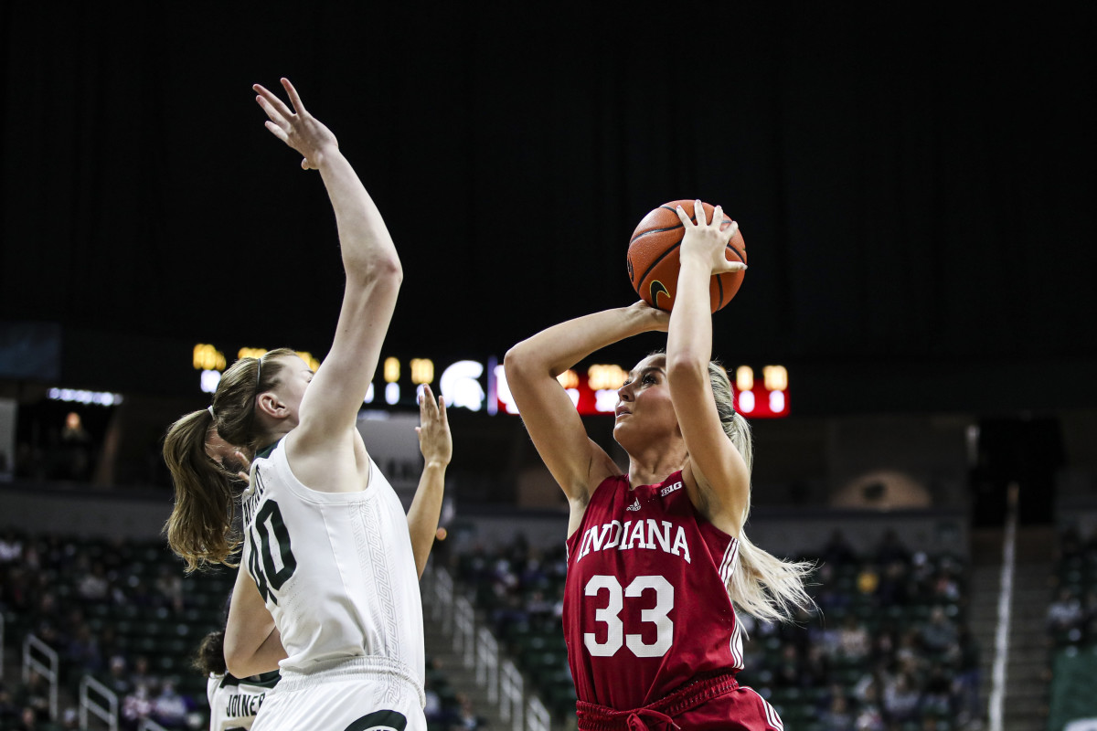 Indiana's Sydney Parrish (33) shoots over Michigan State's Julia Ayrault (40) in the Hoosiers, Spartans contest on Dec. 29 in East Lansing, Mich.