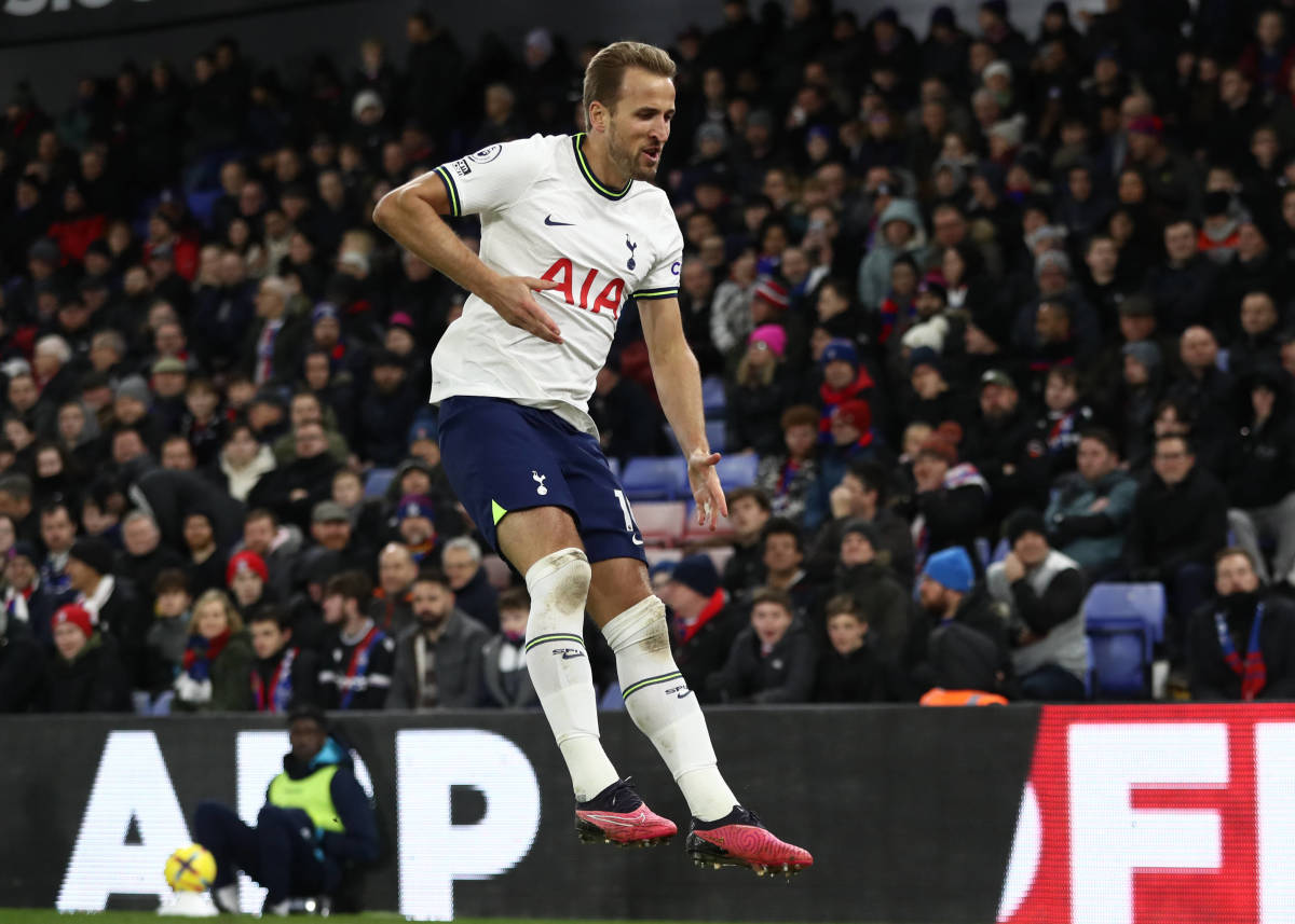 Harry Kane pictured celebrating one of his goals during Tottenham's win at Crystal Palace in January 2023