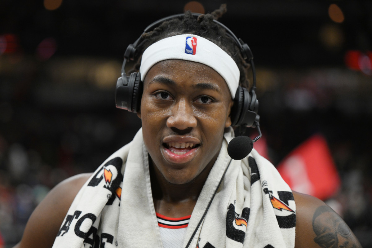 Chicago Bulls guard Ayo Dosunmu during a post game interview after defeating the Brooklyn Nets