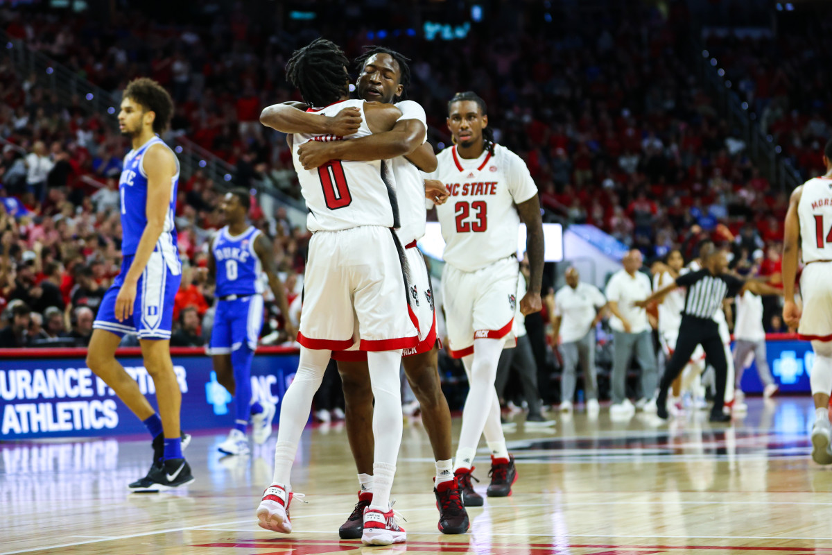 Jarkel Joiner and Terquavion Smith celebrates NC State's win over No. 16 Duke on Wednesday, January 4th. The Wolfpack returns to action Saturday, January 7th at Virginia Tech. 
