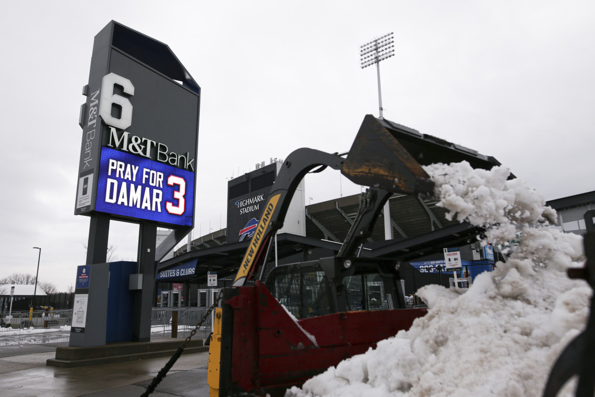 A Pray for Damar sign outside Highmark Stadium, home of the Buffalo Bills