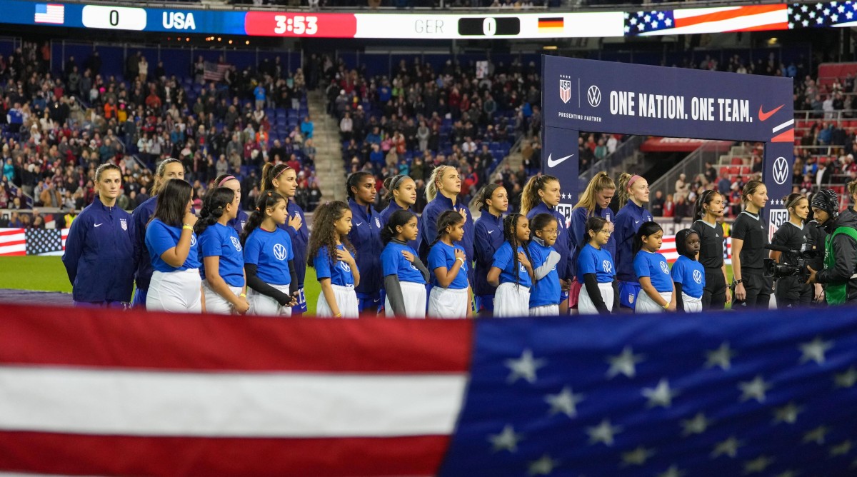The USWNT during the anthem.