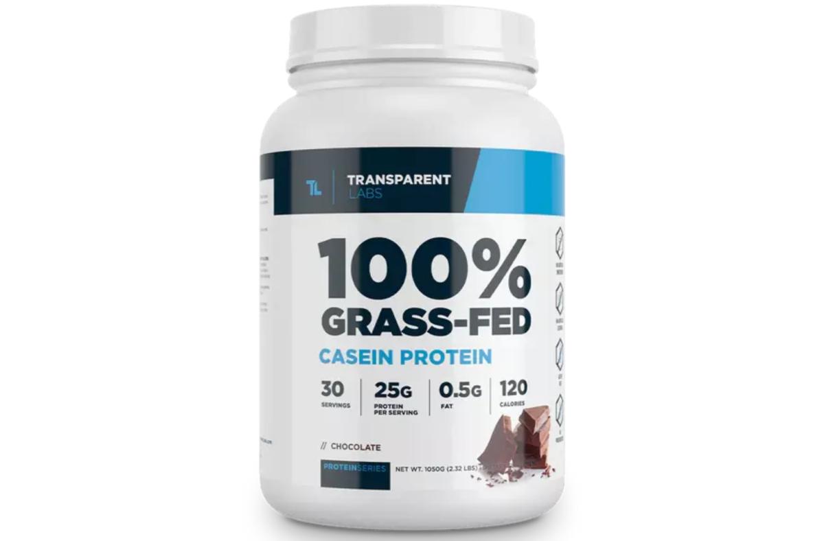 A container of Transparent Labs Grass Fed Casein Protein in Chocolate flavor