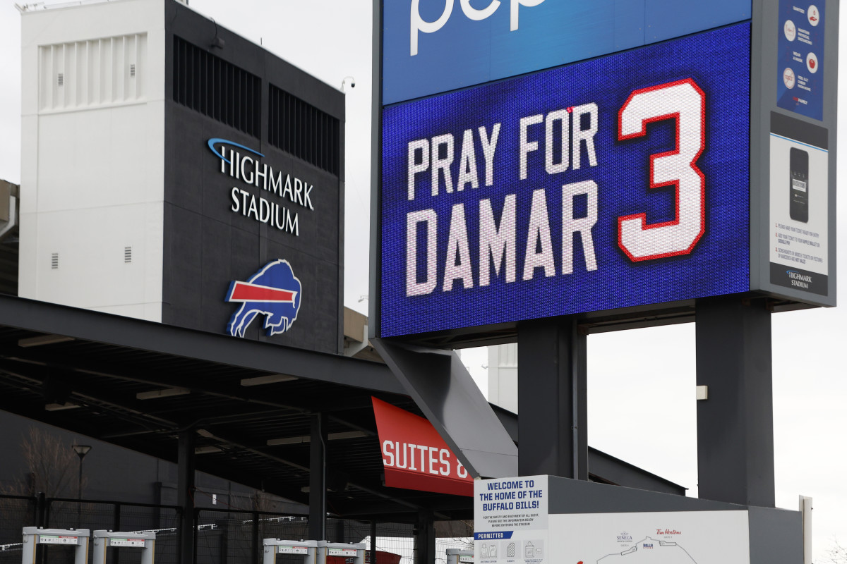 Pray For Damar sign outside the Buffalo Bills' Highmark Stadium
