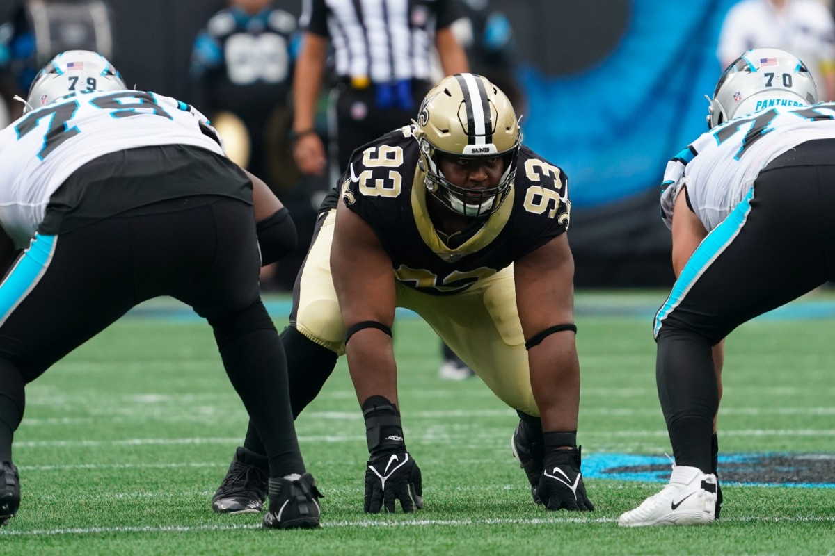 New Orleans Saints defensive tackle David Onyemata (93) gets ready for the snap against the Carolina Panthers. Mandatory Credit: James Guillory-USA TODAY Sports