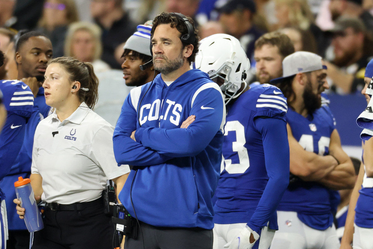 Nov 28, 2022; Indianapolis, Indiana, USA; Indianapolis Colts interim head coach Jeff Saturday looks on from the sideline during the first half against the Pittsburgh Steelers at Lucas Oil Stadium.