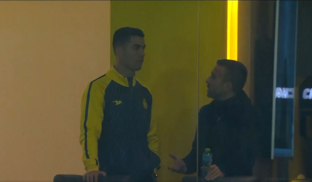 Cristiano Ronaldo pictured (left) at Mrsool Park to watch Al Nassr vs Al-Ta'ee in January 2023