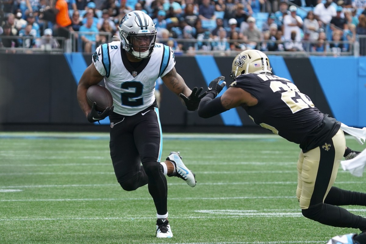 Carolina Panthers wide receiver DJ Moore (2) runs after a catch against the New Orleans Saints. Mandatory Credit: James Guillory-USA TODAY Sports
