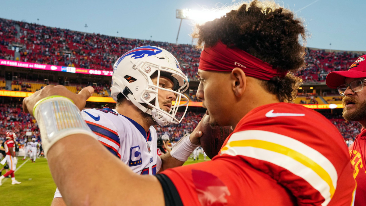 Josh Allen and Patrick Mahomes greet each other after a game.