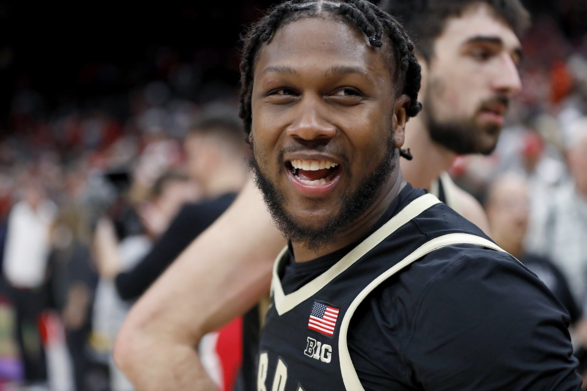 Jan 5, 2023; Columbus, Ohio, USA; Purdue Boilermakers guard David Jenkins Jr. (14) celebrates the win against the Ohio State Buckeyes at Value City Arena.