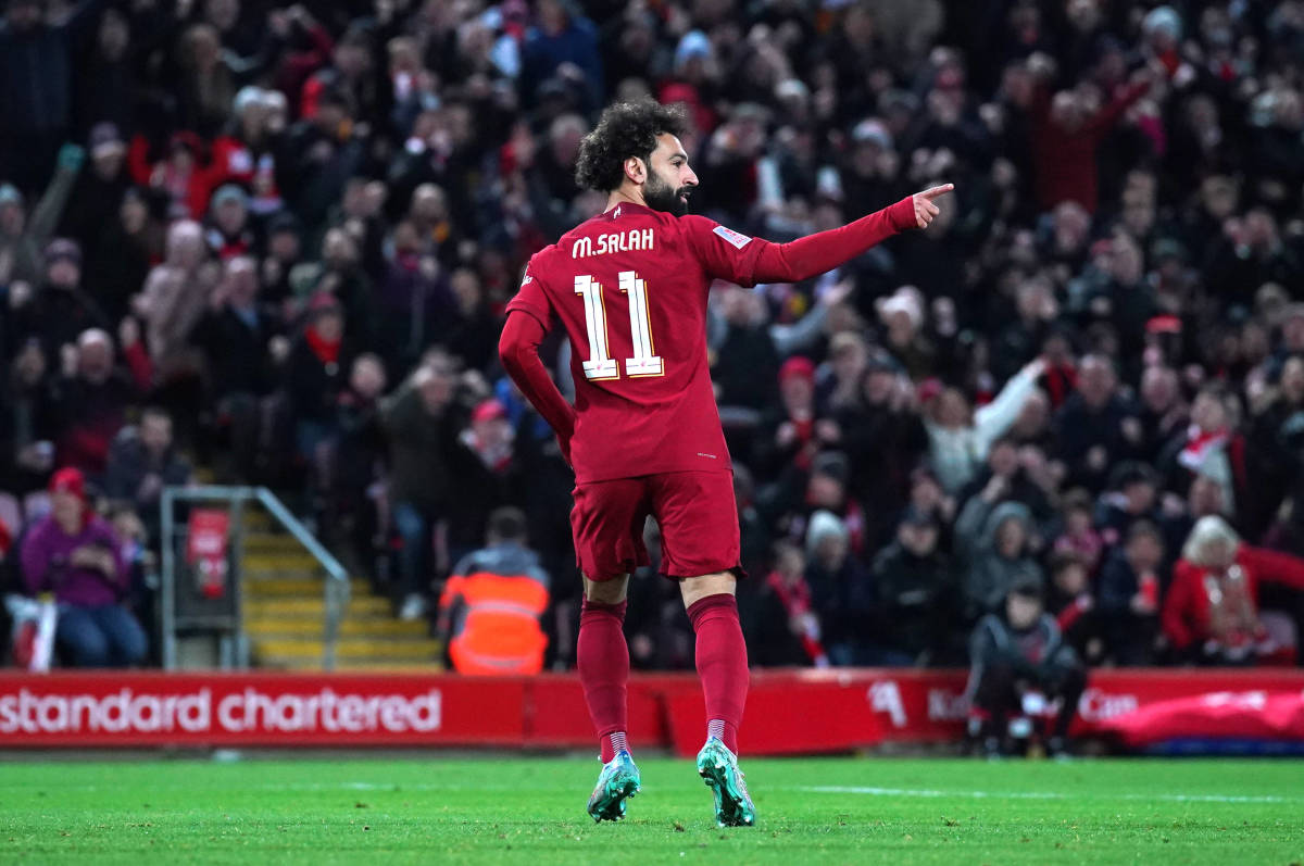 Mo Salah pictured celebrating after scoring for Liverpool against Wolves in an FA Cup third round game in January 2023
