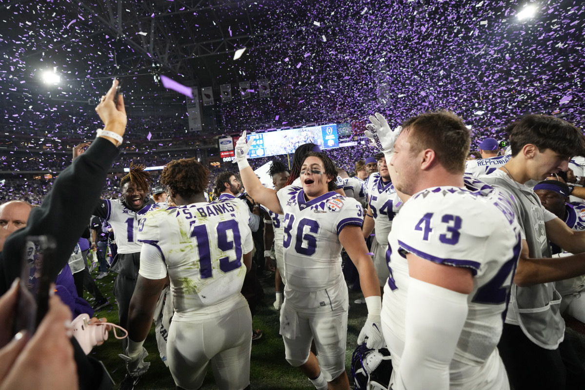 TCU celebrates its CFP national semifinal win over Michigan.