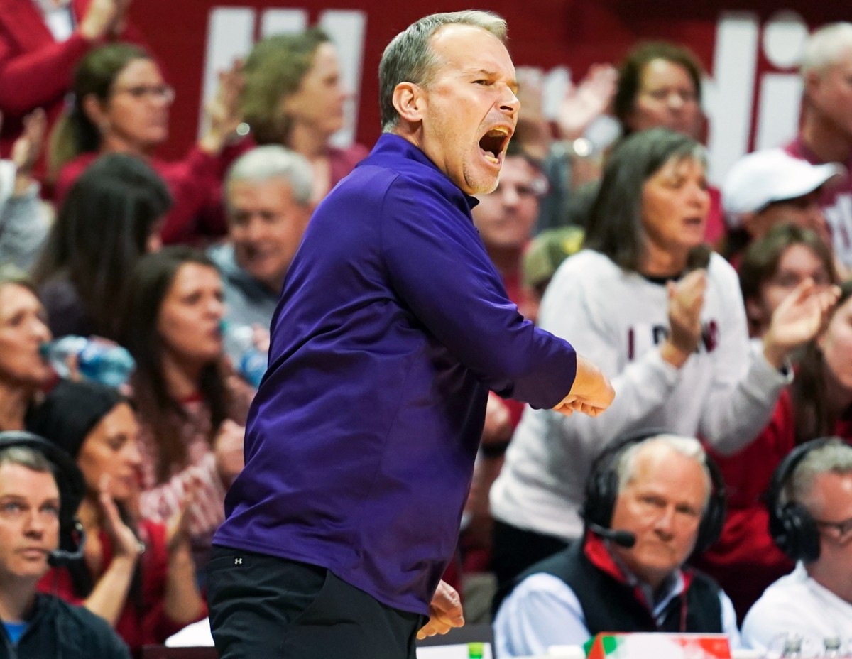 Northwestern Wildcats head coach Chris Collins reacts to a call during the first half against the Indiana Hoosiers at Simon Skjodt Assembly Hall.