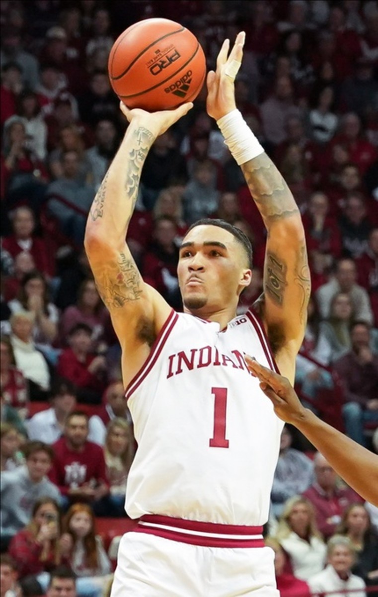 Indiana Hoosiers guard Jalen Hood-Schifino (1) makes a shot attempt against the Northwestern Wildcats during the first half at Simon Skjodt Assembly Hall.