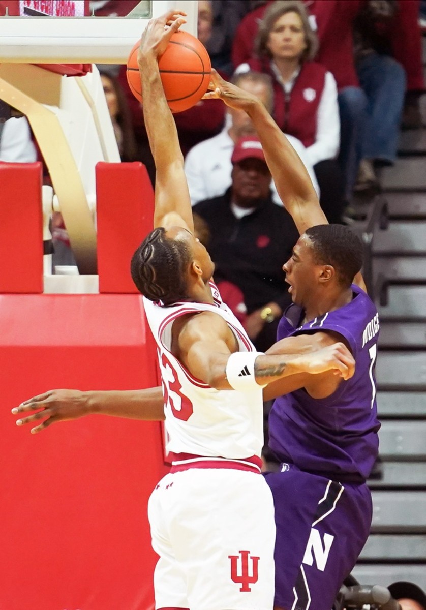 Indiana Hoosiers guard Tamar Bates (53) blocks the shot attempt from Northwestern Wildcats guard Chase Audige (1) during the first half at Simon Skjodt Assembly Hall.