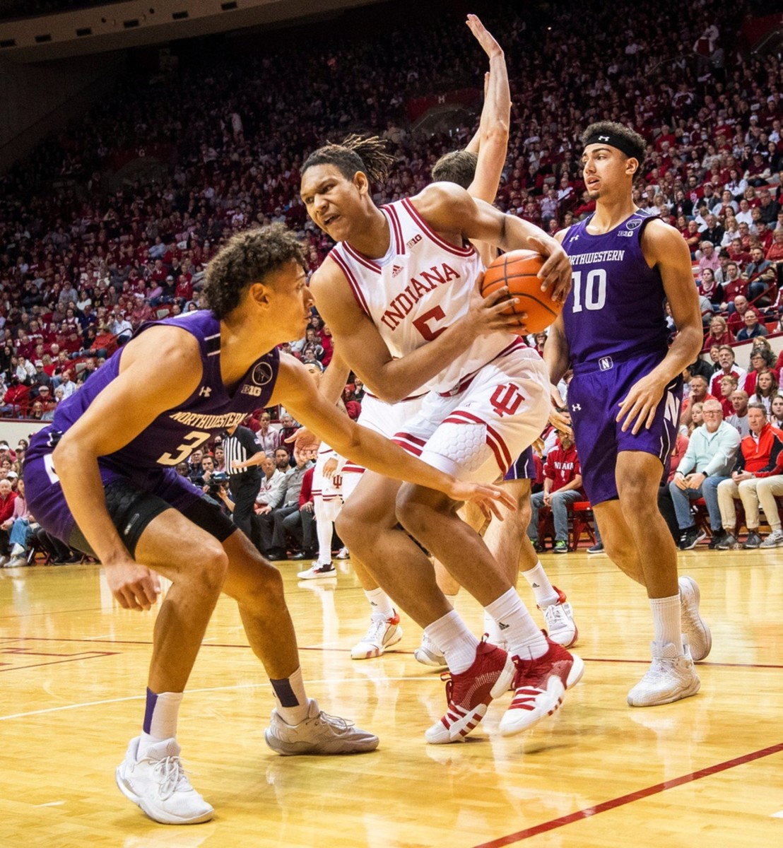 Indiana's Malik Reneau (5) grabs a loose ball during the first half ot the Indiana versus Northwestern men's basketball game at Simon Skjodt Assembly Hall.