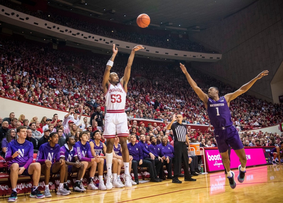 Indiana's Tamar Bates (53) makes a three-pointer during the first half of the Indiana versus Northwestern men's basketball game.