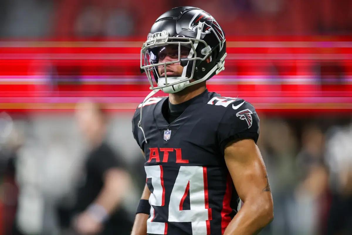 Jan 8, 2023; Atlanta, Georgia, USA; Atlanta Falcons cornerback A.J. Terrell (24) before a game against the Tampa Bay Buccaneers at Mercedes-Benz Stadium.