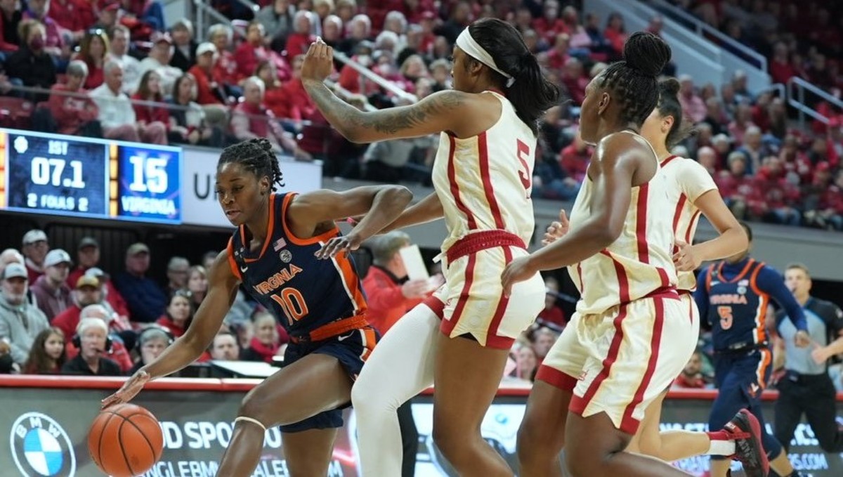Mir McLean dribbles the ball during the Virginia women's basketball game at NC State.