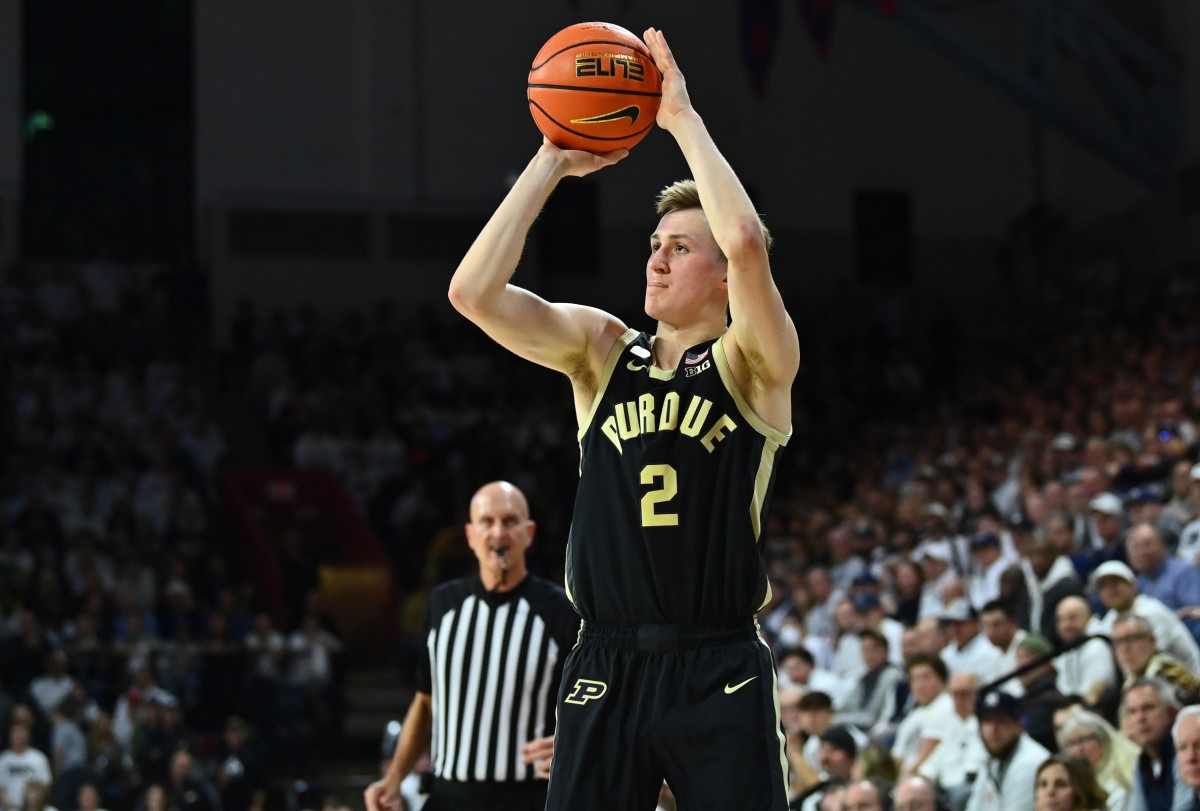 Jan 8, 2023; Philadelphia, Pennsylvania, USA; Purdue Boilermakers guard Fletcher Loyer (2) shoots against the Penn State Nittany Lions in the first half at The Palestra.