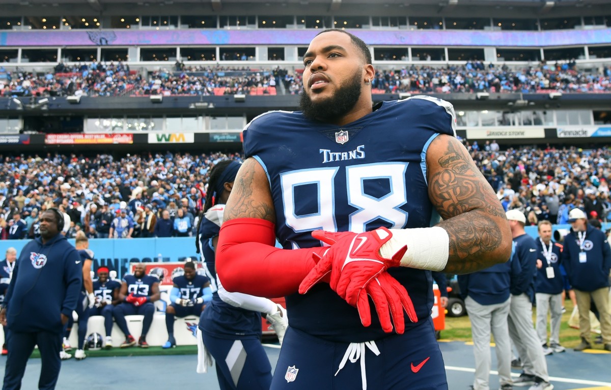 Tennessee Titans defensive tackle Jeffery Simmons (98) before the game against the Jacksonville Jaguars at Nissan Stadium.