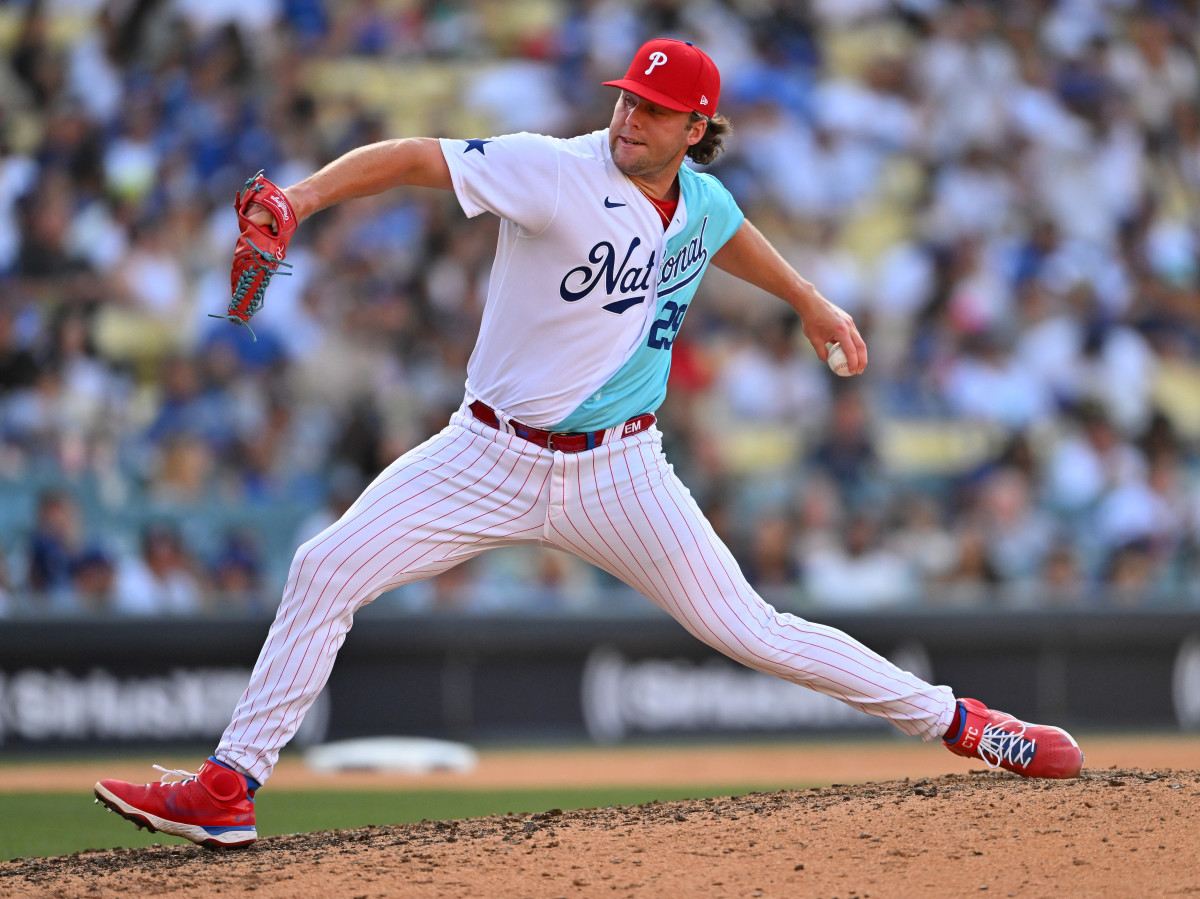 Phillies prospect Erik Miller throws a pitch at the 2022 Futures Game.