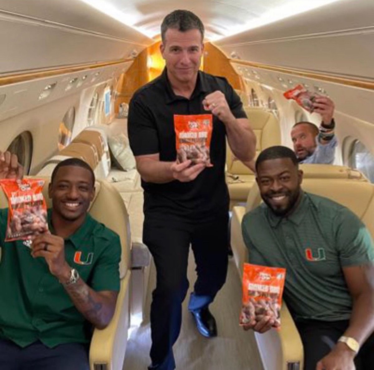Head coach Mario Cristobal, defensive back coaches Demarcus VanDyke and Jahmile Addae along with analyst Dennis Smith posed with the famous peanuts on a recruiting trip.