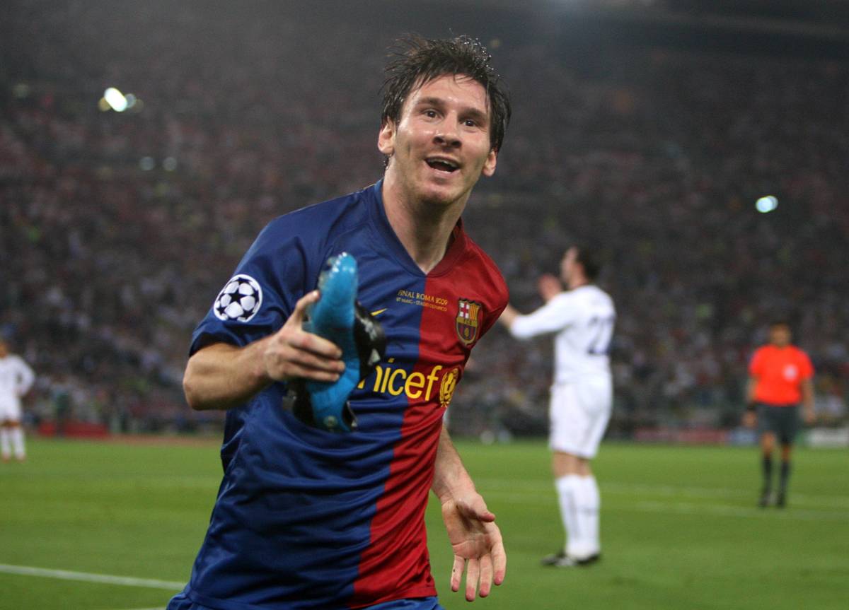 Lionel Messi pictured celebrating after scoring for Barcelona against Manchester United in the 2009 Champions League final