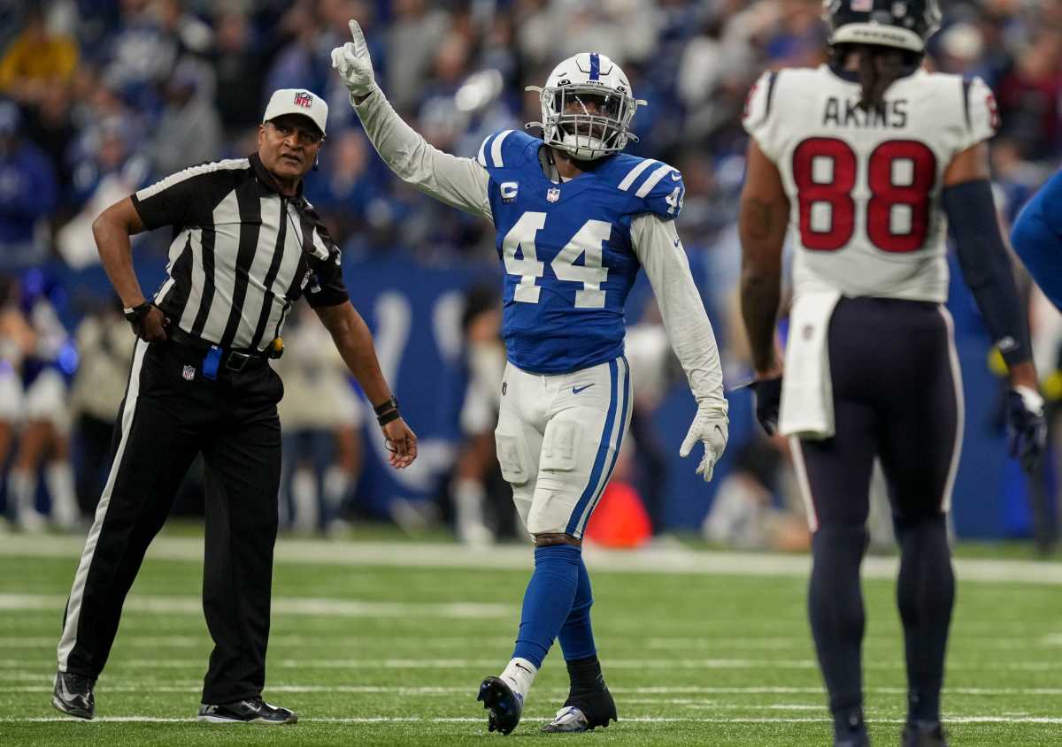 Indianapolis Colts linebacker Zaire Franklin (44) celebrates a stop Sunday, Jan. 8, 2023, during a game against the Houston Texans at Lucas Oil Stadium in Indianapolis.